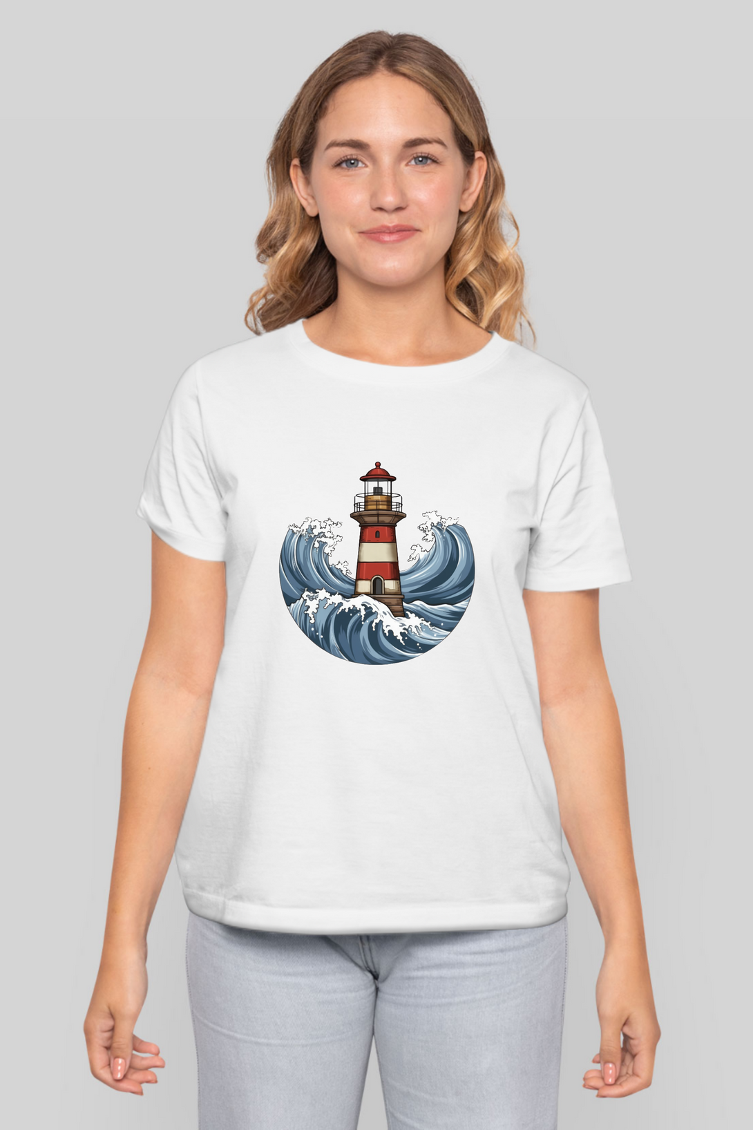 Lighthouse And Waves Printed T-Shirt For Women - WowWaves - 10