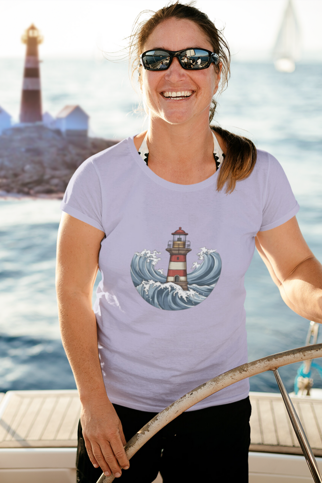 Lighthouse And Waves Printed T-Shirt For Women - WowWaves - 4