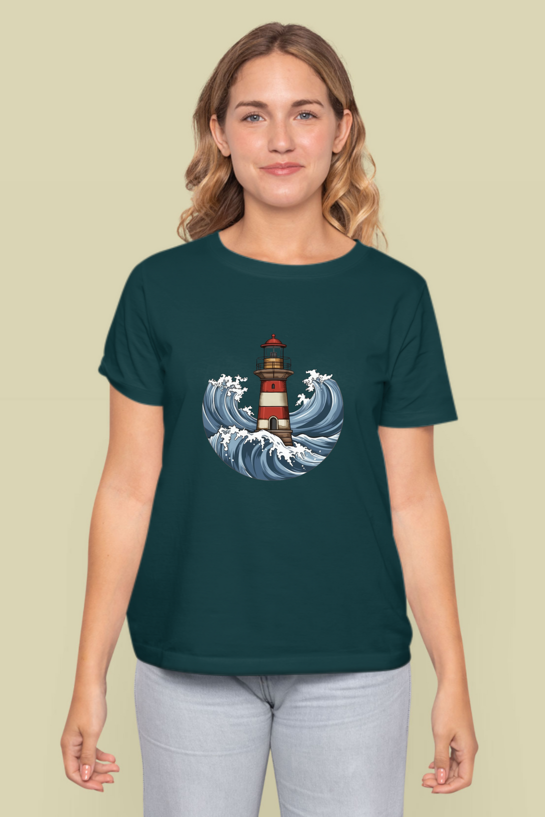 Lighthouse And Waves Printed T-Shirt For Women - WowWaves - 8