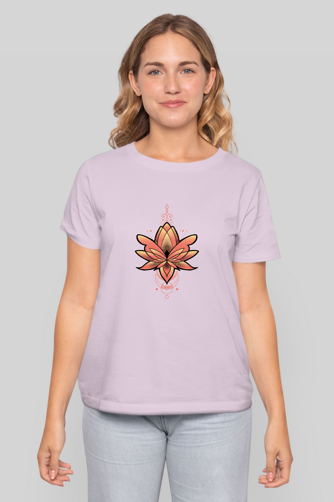 Geometric Lotus Printed T-Shirt For Women - WowWaves - 8