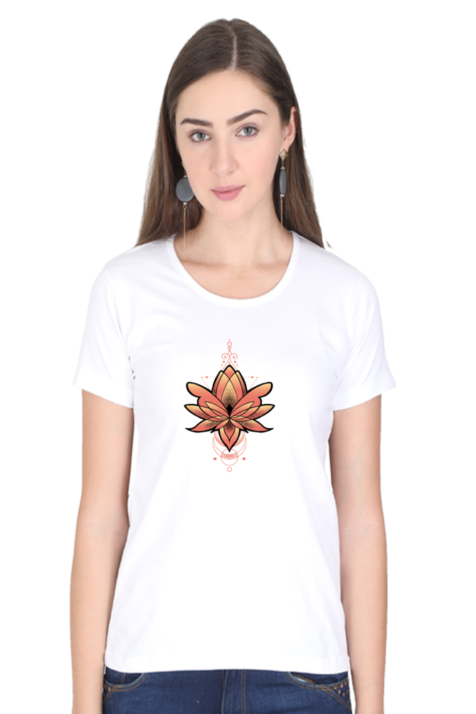 Geometric Lotus Printed Scoop Neck T-Shirt For Women - WowWaves - 6