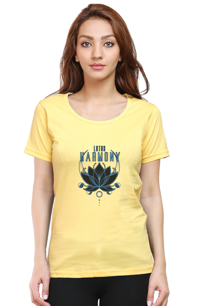 Harmony Lotus Printed Scoop Neck T-Shirt For Women - WowWaves - 7