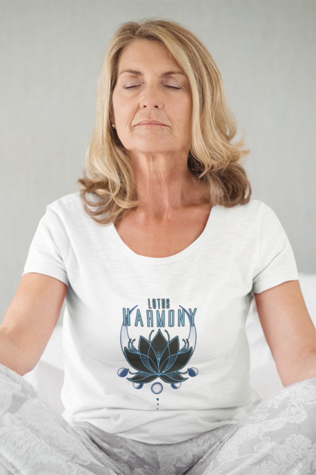Harmony Lotus Printed Scoop Neck T-Shirt For Women - WowWaves - 6