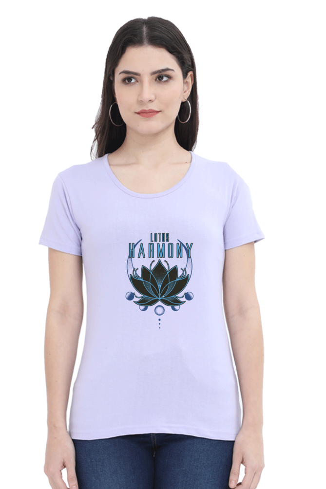 Harmony Lotus Printed Scoop Neck T-Shirt For Women - WowWaves - 9
