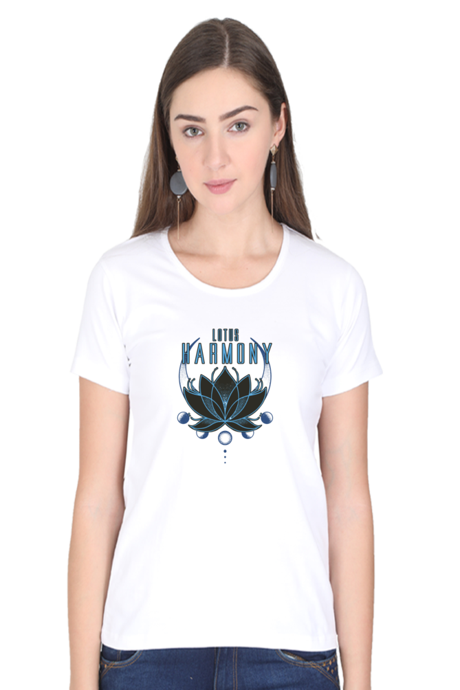 Harmony Lotus Printed Scoop Neck T-Shirt For Women - WowWaves - 8