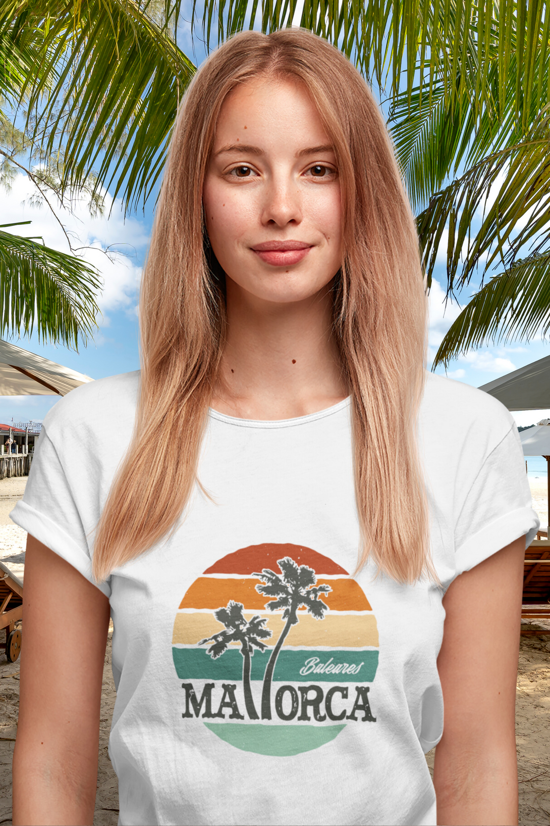 Mallorca And Palm Printed Scoop Neck T-Shirt For Women - WowWaves - 4