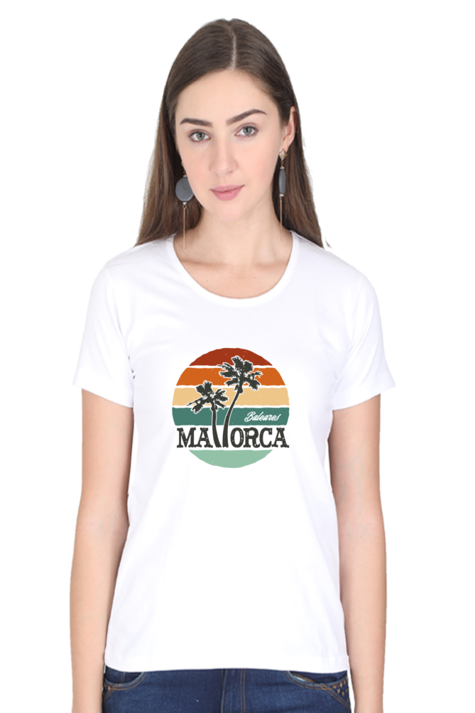Mallorca And Palm Printed Scoop Neck T-Shirt For Women - WowWaves - 9