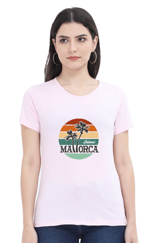 Mallorca And Palm Printed Scoop Neck T-Shirt For Women - WowWaves - 7