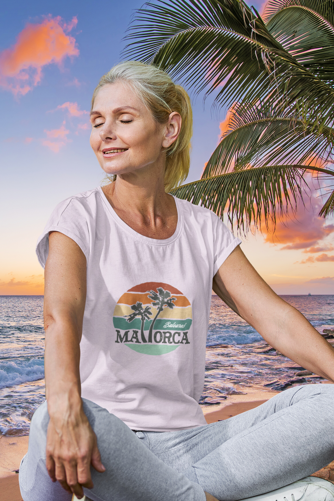 Mallorca And Palm Printed Scoop Neck T-Shirt For Women - WowWaves - 5
