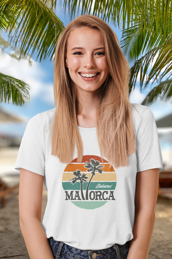 Mallorca And Palm Printed Scoop Neck T-Shirt For Women - WowWaves