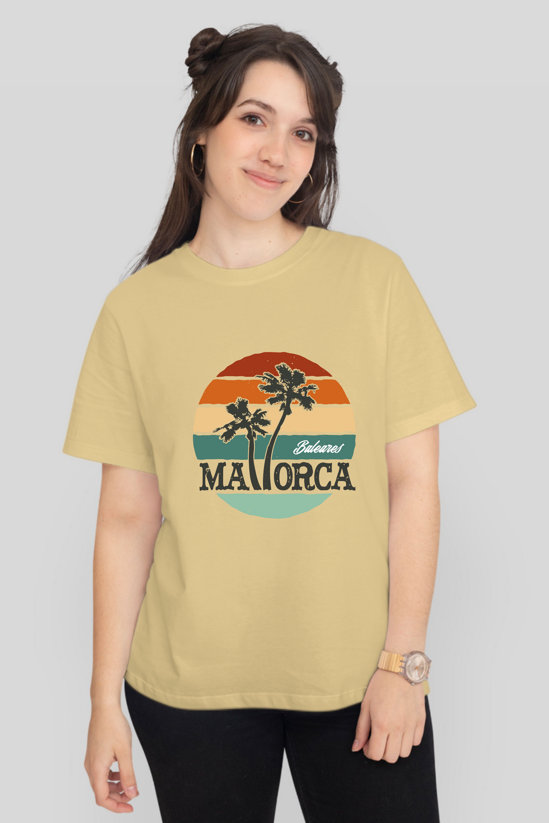 Mallorca And Palm Printed T-Shirt For Women - WowWaves - 8