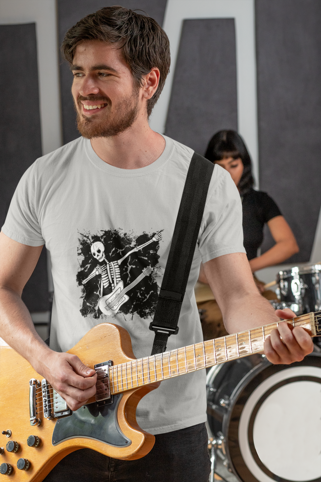 Dabbing Guitarist Skeleton Printed T-Shirt For Men - WowWaves