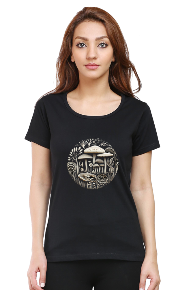 Mushroom Art Printed Scoop Neck T-Shirt For Women - WowWaves - 6
