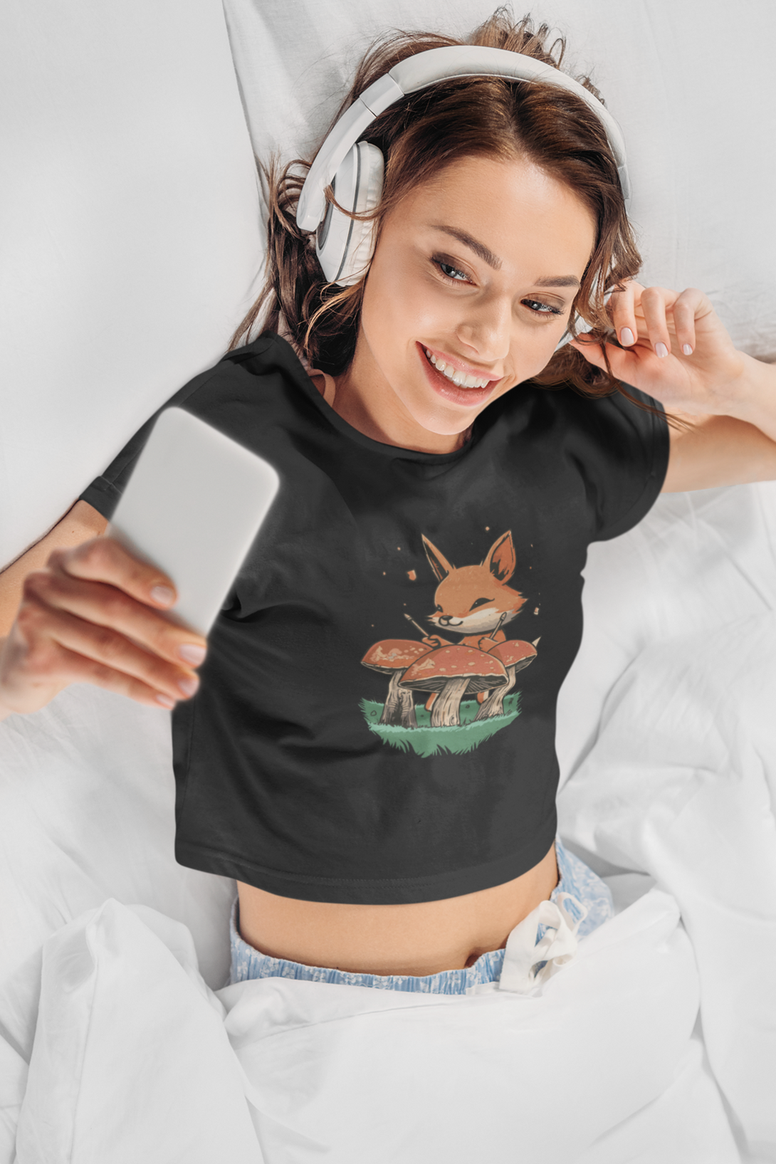 Mushroom Rhythm Fox Printed Scoop Neck T-Shirt For Women - WowWaves - 4