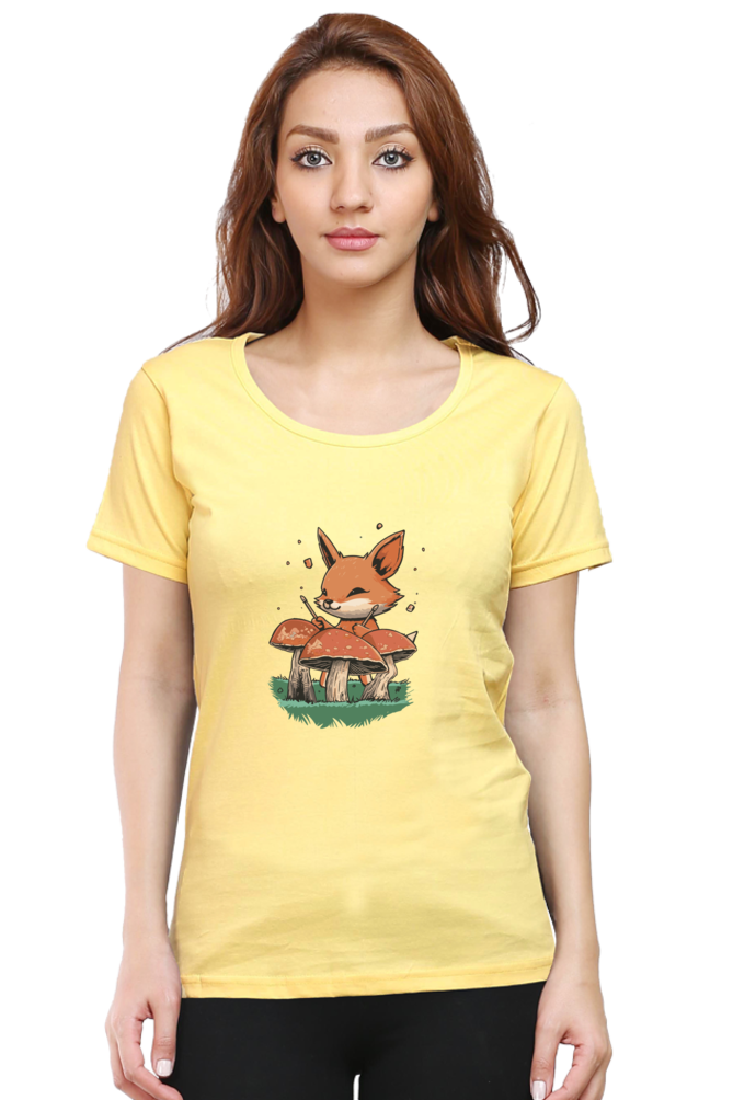 Mushroom Rhythm Fox Printed Scoop Neck T-Shirt For Women - WowWaves - 9