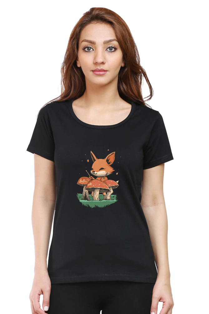 Mushroom Rhythm Fox Printed Scoop Neck T-Shirt For Women - WowWaves - 8
