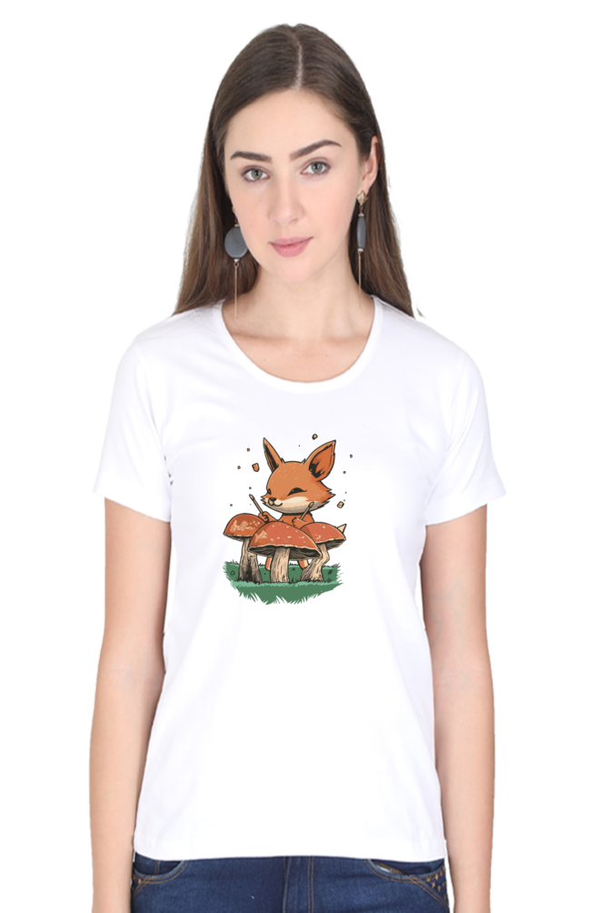 Mushroom Rhythm Fox Printed Scoop Neck T-Shirt For Women - WowWaves - 7