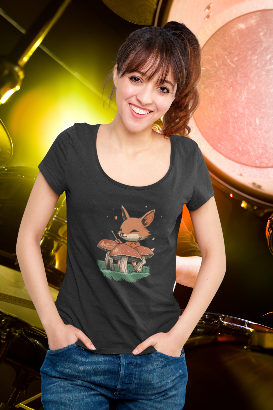 Mushroom Rhythm Fox Printed Scoop Neck T-Shirt For Women - WowWaves - 2