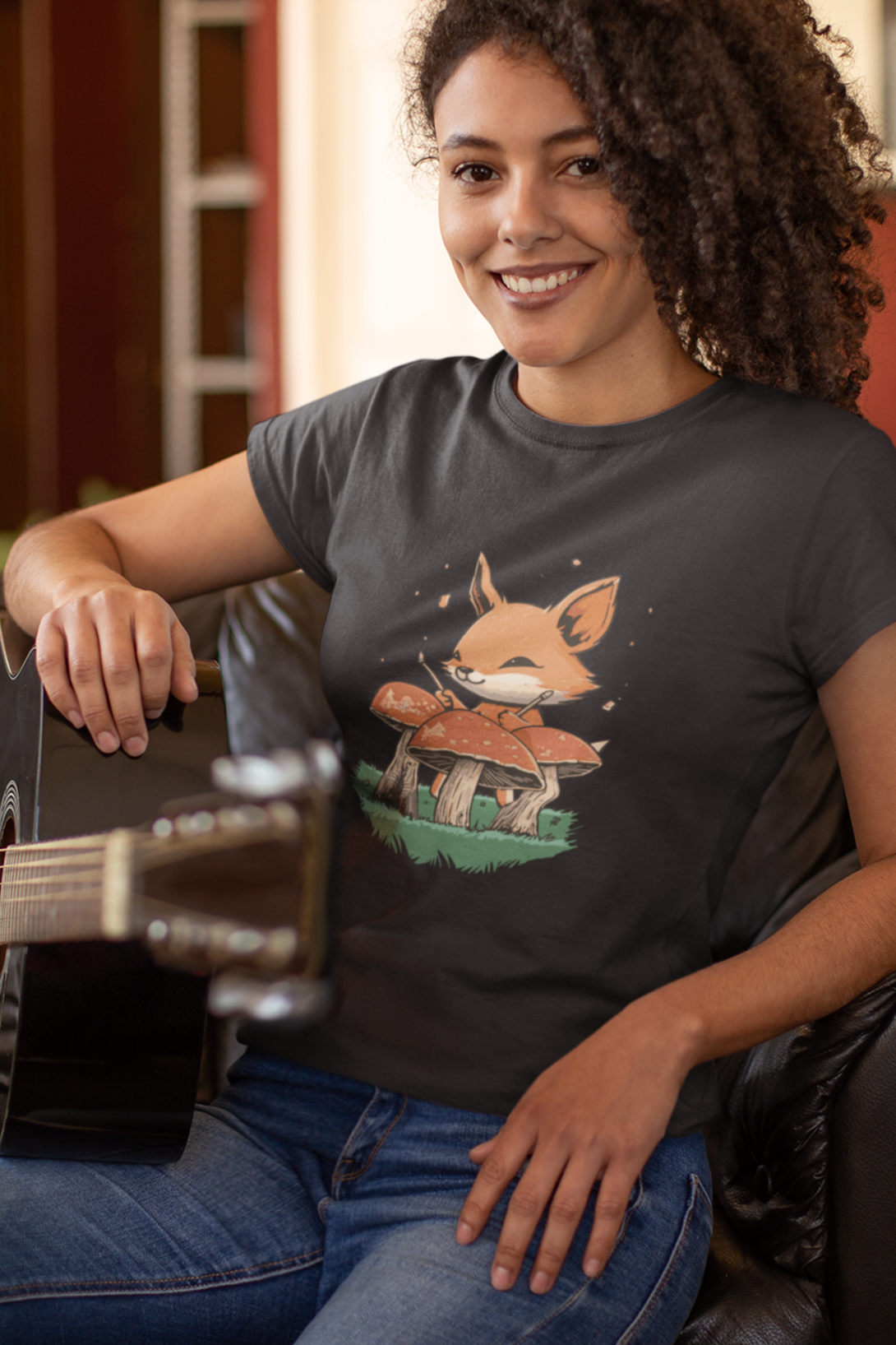 Mushroom Rhythm Fox Printed T-Shirt For Women - WowWaves - 2
