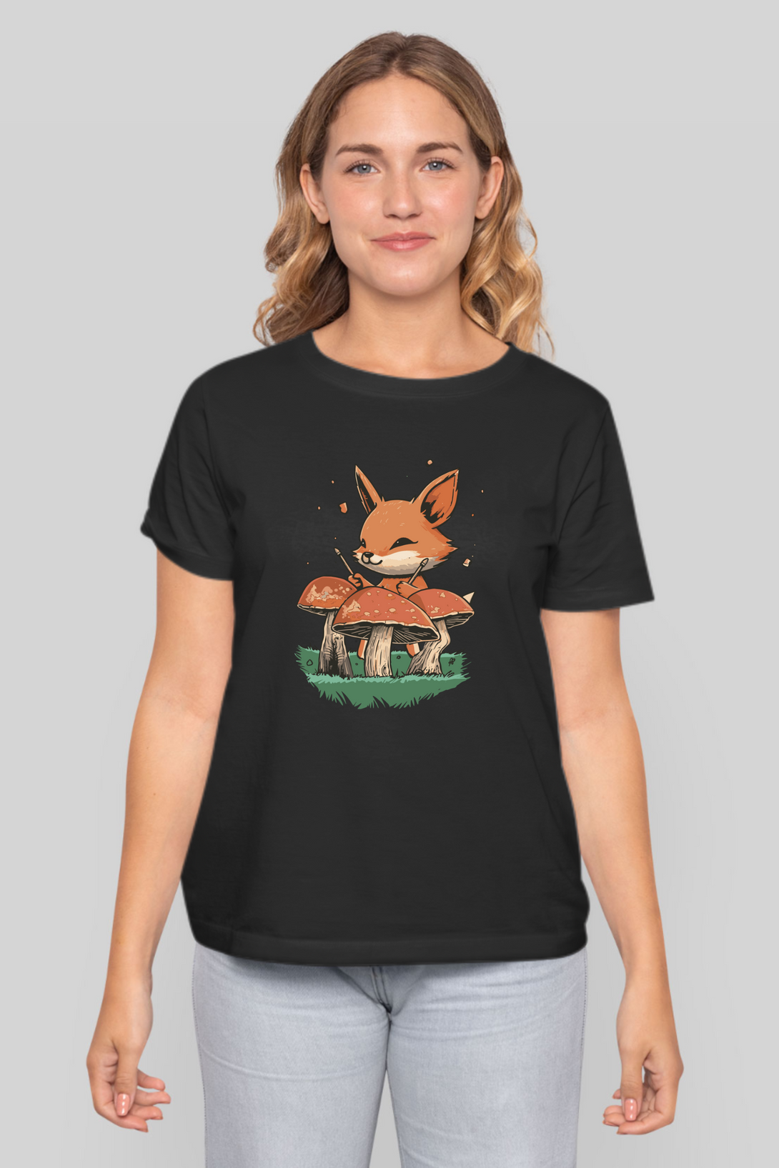 Mushroom Rhythm Fox Printed T-Shirt For Women - WowWaves - 8