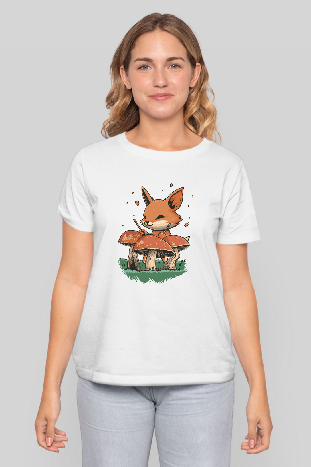 Mushroom Rhythm Fox Printed T-Shirt For Women - WowWaves - 7
