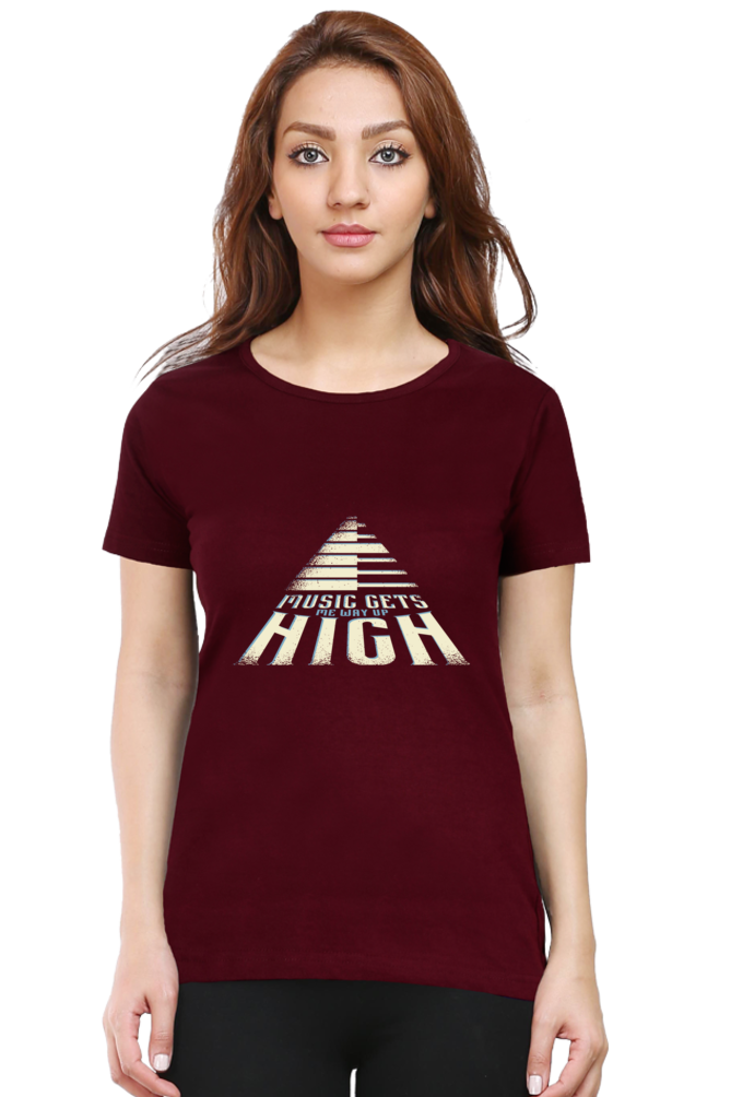 Music Gets Me Way Up High Printed Scoop Neck T-Shirt For Women - WowWaves - 10