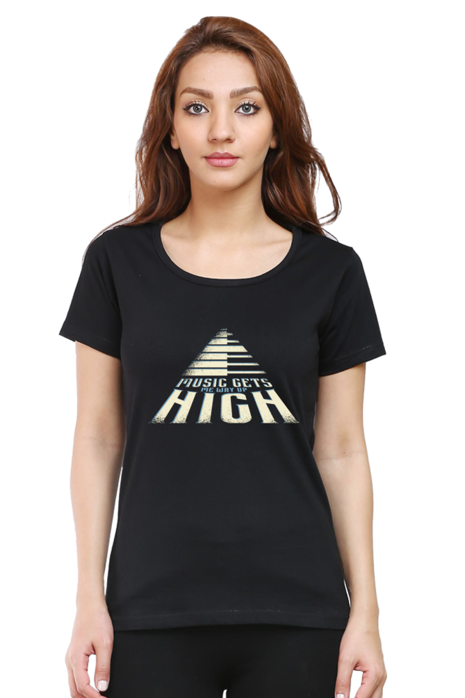 Music Gets Me Way Up High Printed Scoop Neck T-Shirt For Women - WowWaves - 9