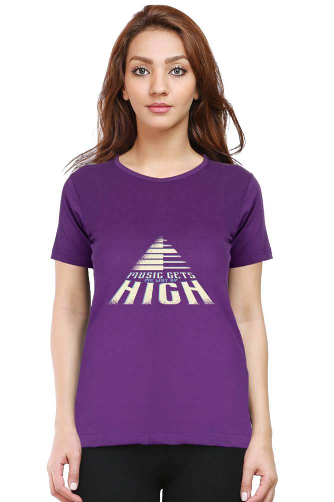 Music Gets Me Way Up High Printed Scoop Neck T-Shirt For Women - WowWaves - 11