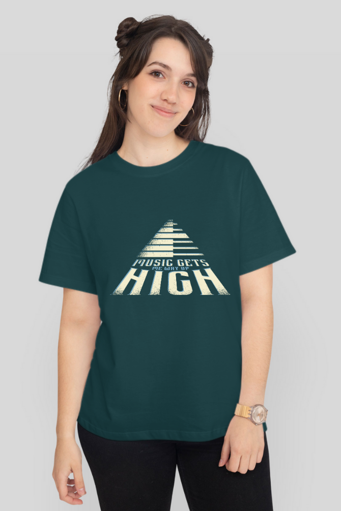 Music Gets Me Way Up High Printed T-Shirt For Women - WowWaves - 13