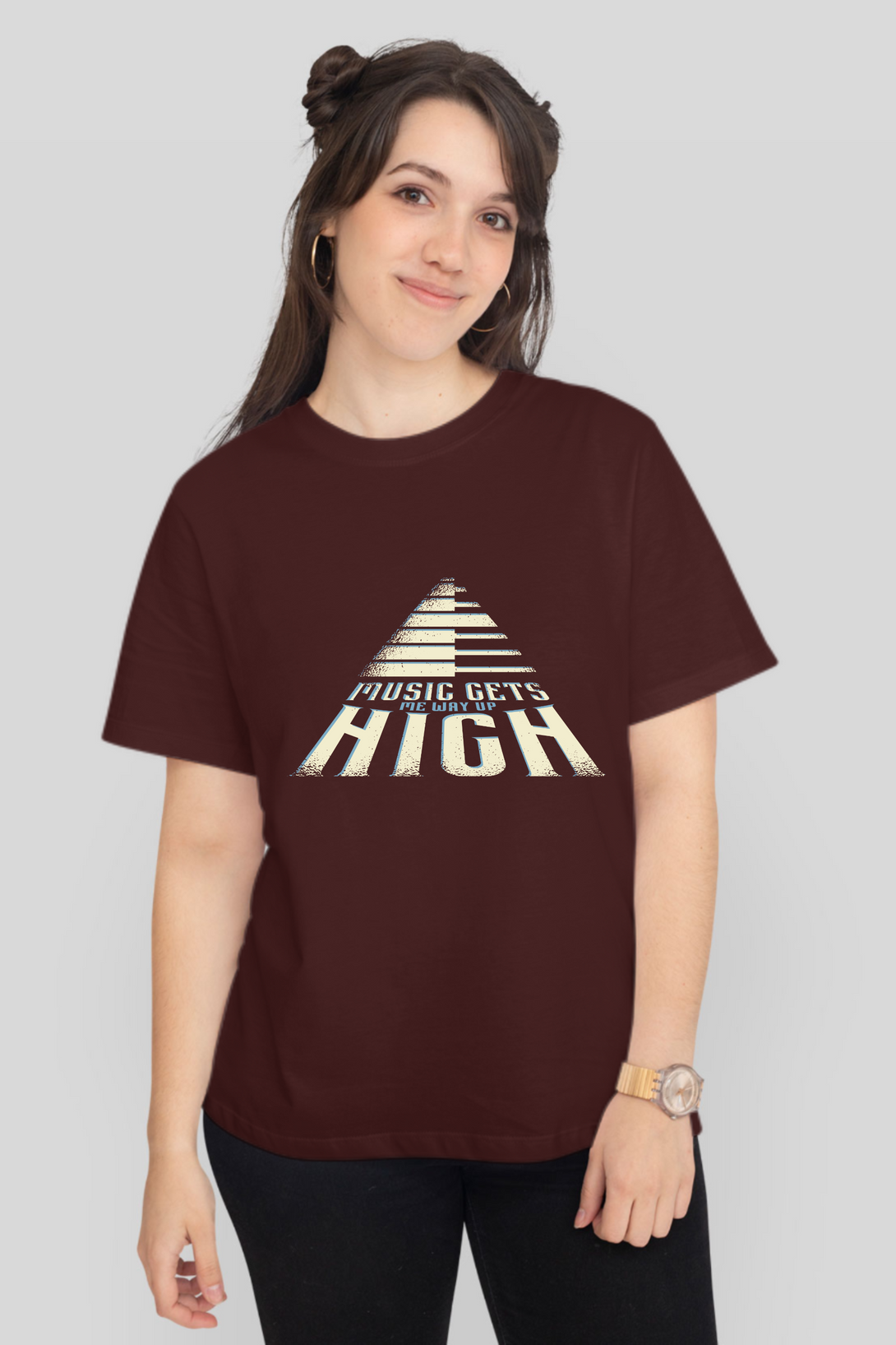 Music Gets Me Way Up High Printed T-Shirt For Women - WowWaves - 14
