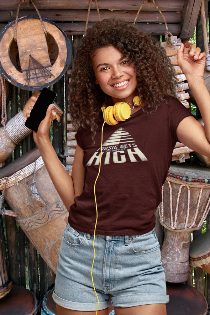 Music Gets Me Way Up High Printed T-Shirt For Women - WowWaves - 4