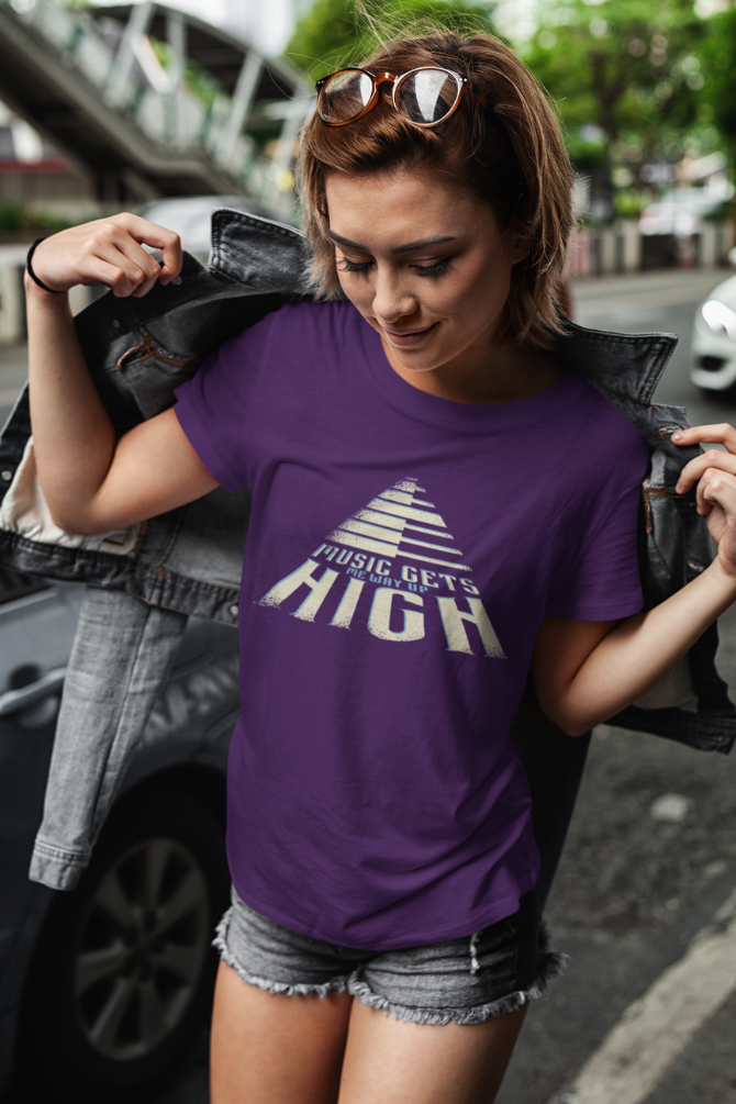 Music Gets Me Way Up High Printed T-Shirt For Women - WowWaves - 2