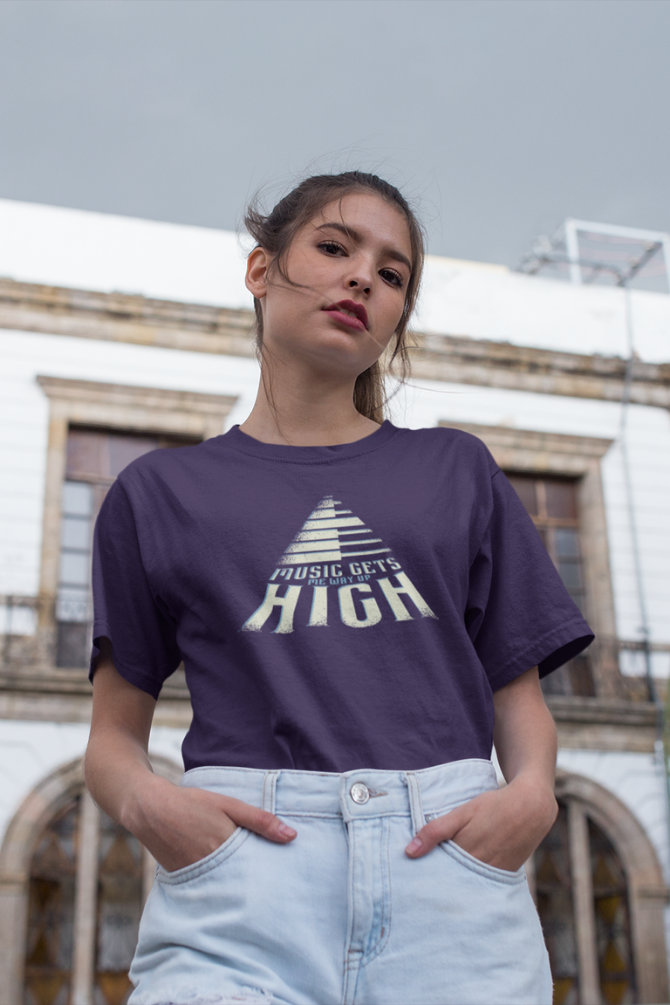 Music Gets Me Way Up High Printed T-Shirt For Women - WowWaves - 10
