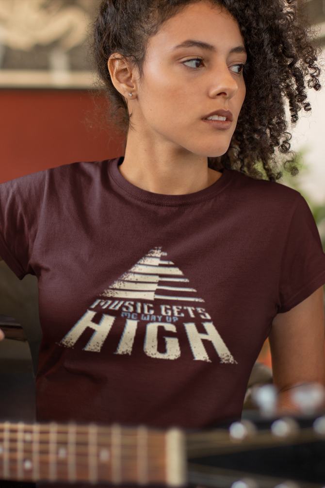 Music Gets Me Way Up High Printed T-Shirt For Women - WowWaves - 5