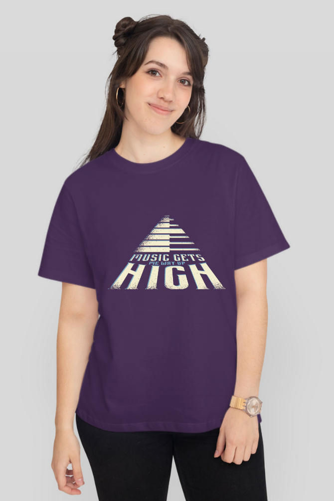 Music Gets Me Way Up High Printed T-Shirt For Women - WowWaves - 11