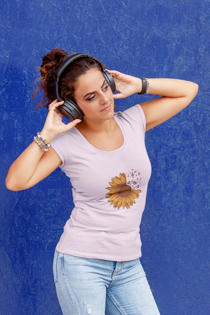 Musical Sunflower Printed Scoop Neck T-Shirt For Women - WowWaves - 2