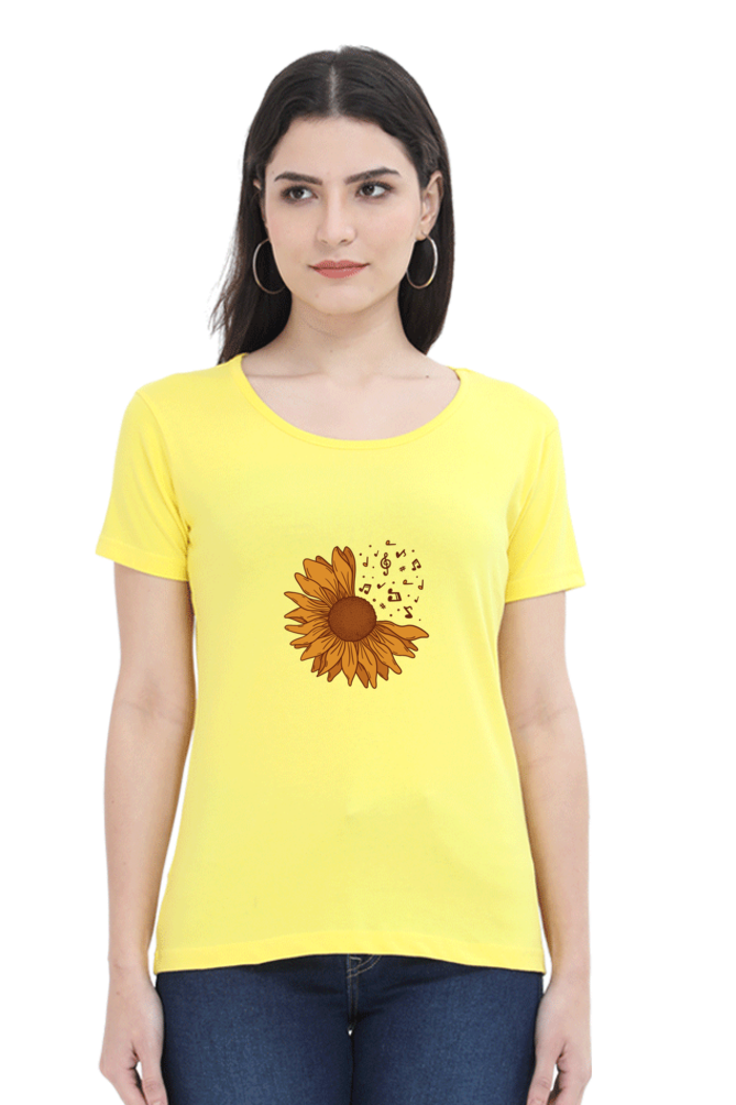 Musical Sunflower Printed Scoop Neck T-Shirt For Women - WowWaves - 11