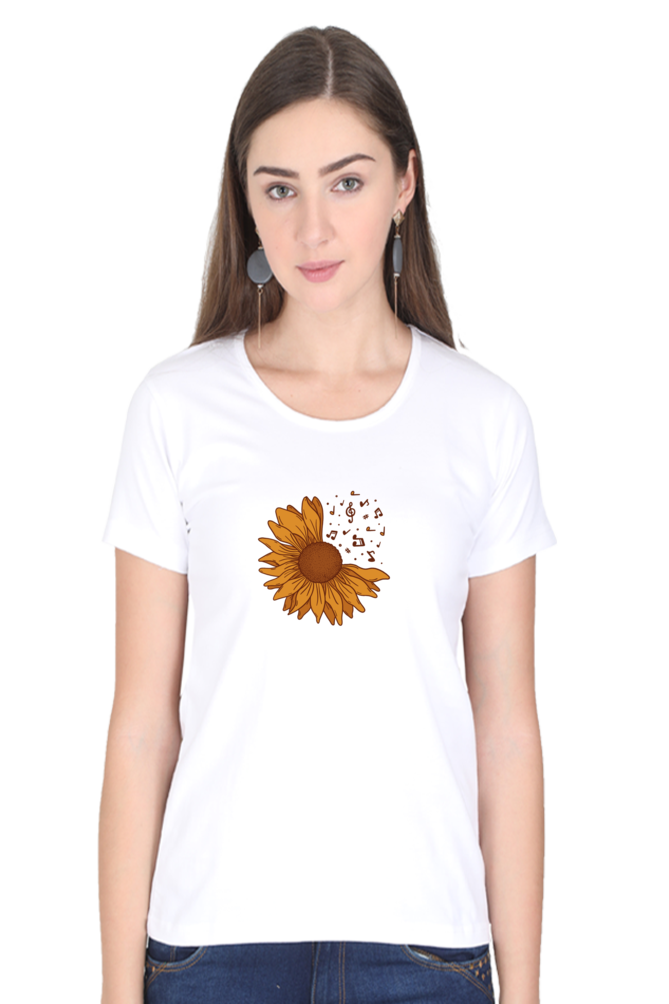 Musical Sunflower Printed Scoop Neck T-Shirt For Women - WowWaves - 10
