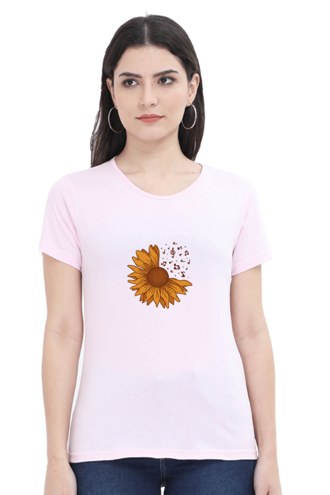Musical Sunflower Printed Scoop Neck T-Shirt For Women - WowWaves - 7