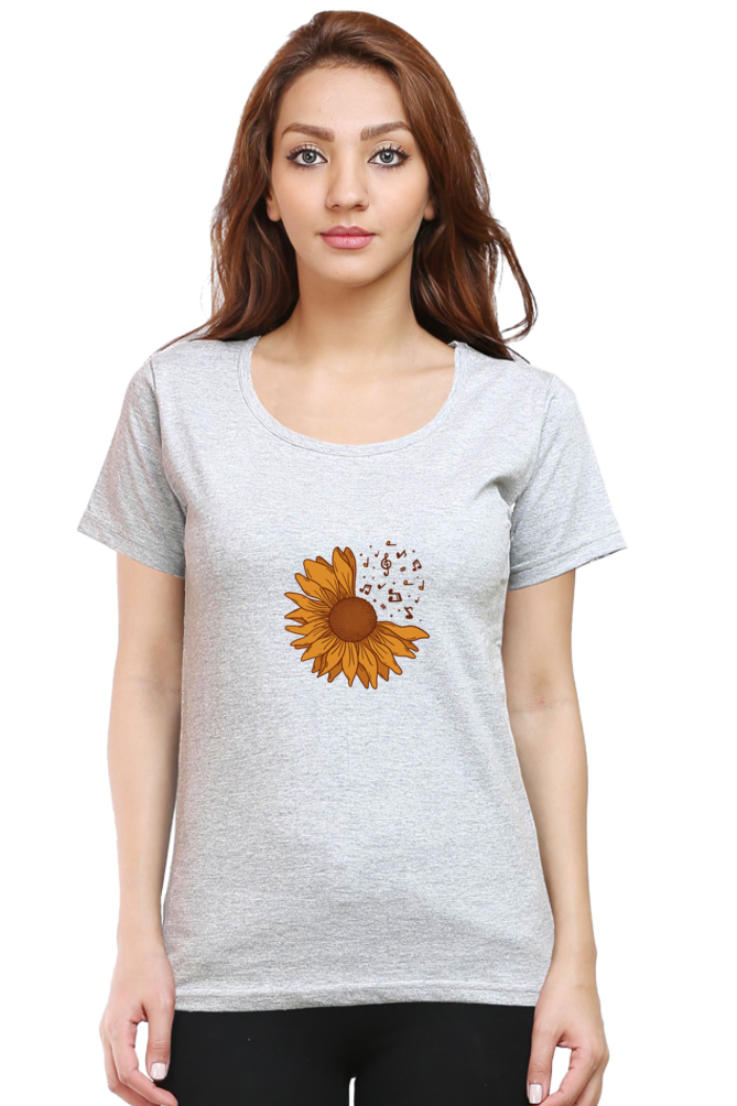 Musical Sunflower Printed Scoop Neck T-Shirt For Women - WowWaves - 8
