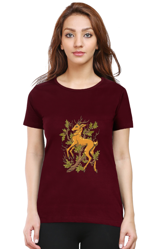 Forest Deer Printed Scoop Neck T-Shirt For Women - WowWaves - 9