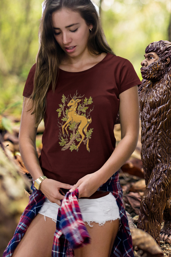 Forest Deer Printed Scoop Neck T-Shirt For Women - WowWaves
