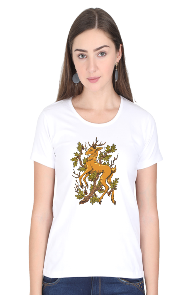 Forest Deer Printed Scoop Neck T-Shirt For Women - WowWaves - 7