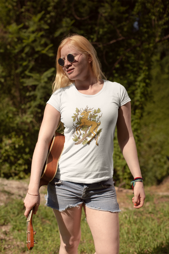 Forest Deer Printed Scoop Neck T-Shirt For Women - WowWaves - 3