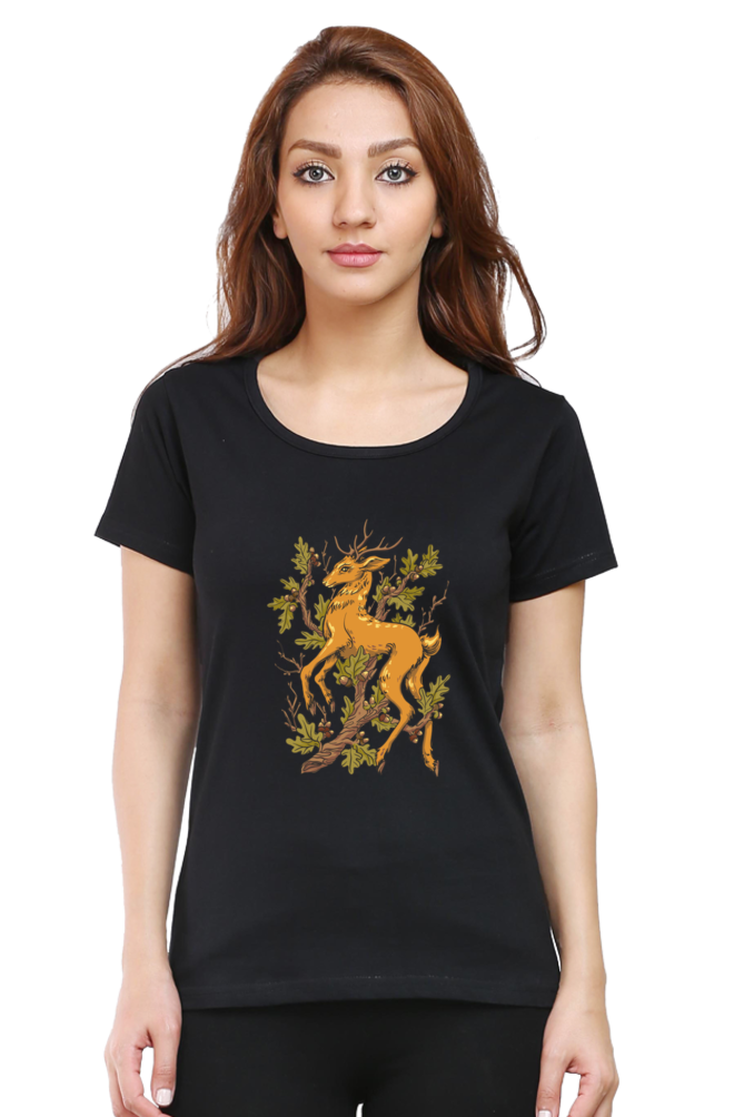 Forest Deer Printed Scoop Neck T-Shirt For Women - WowWaves - 8