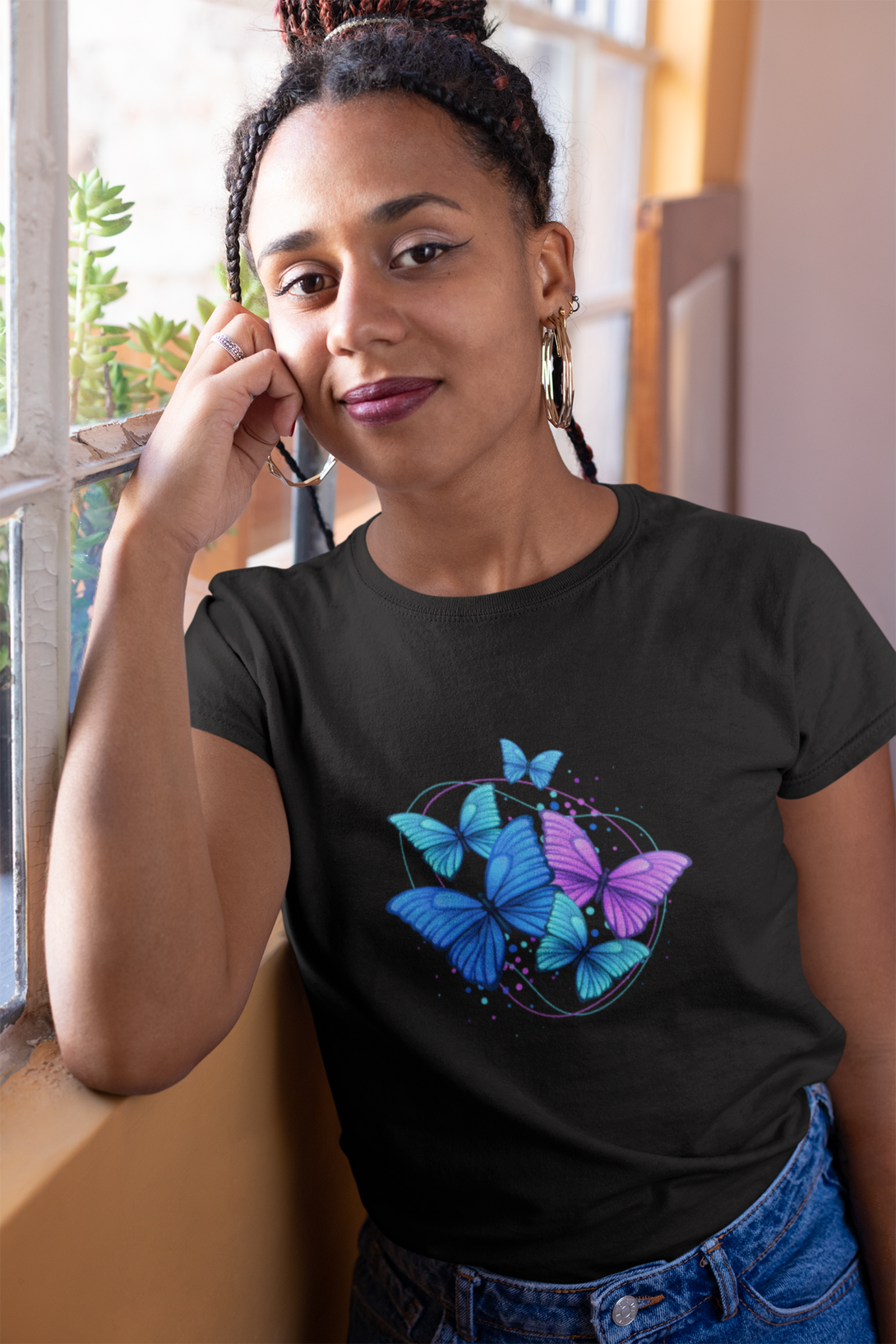 Purple Blue Modern Butterfly Printed T-Shirt For Women - WowWaves - 8