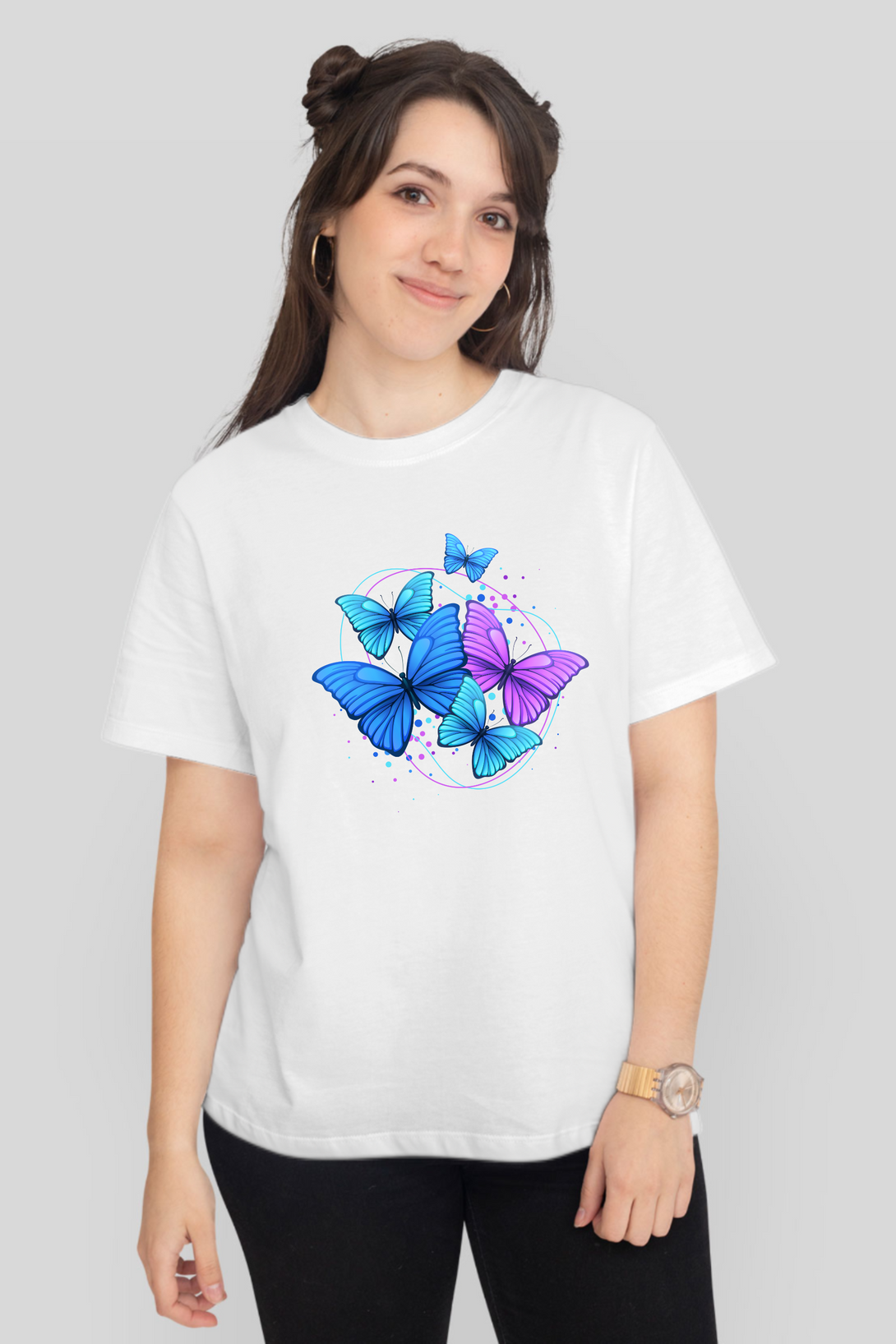 Purple Blue Modern Butterfly Printed T-Shirt For Women - WowWaves - 10