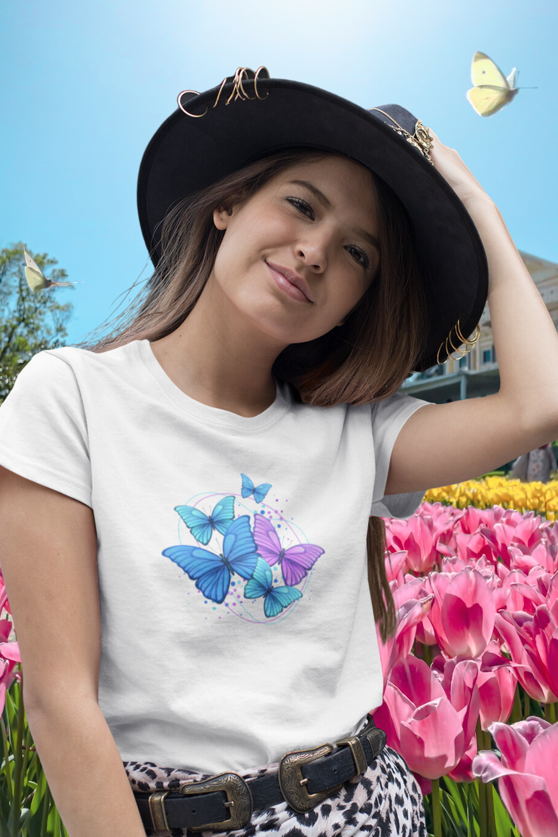 Purple Blue Modern Butterfly Printed T-Shirt For Women - WowWaves - 5