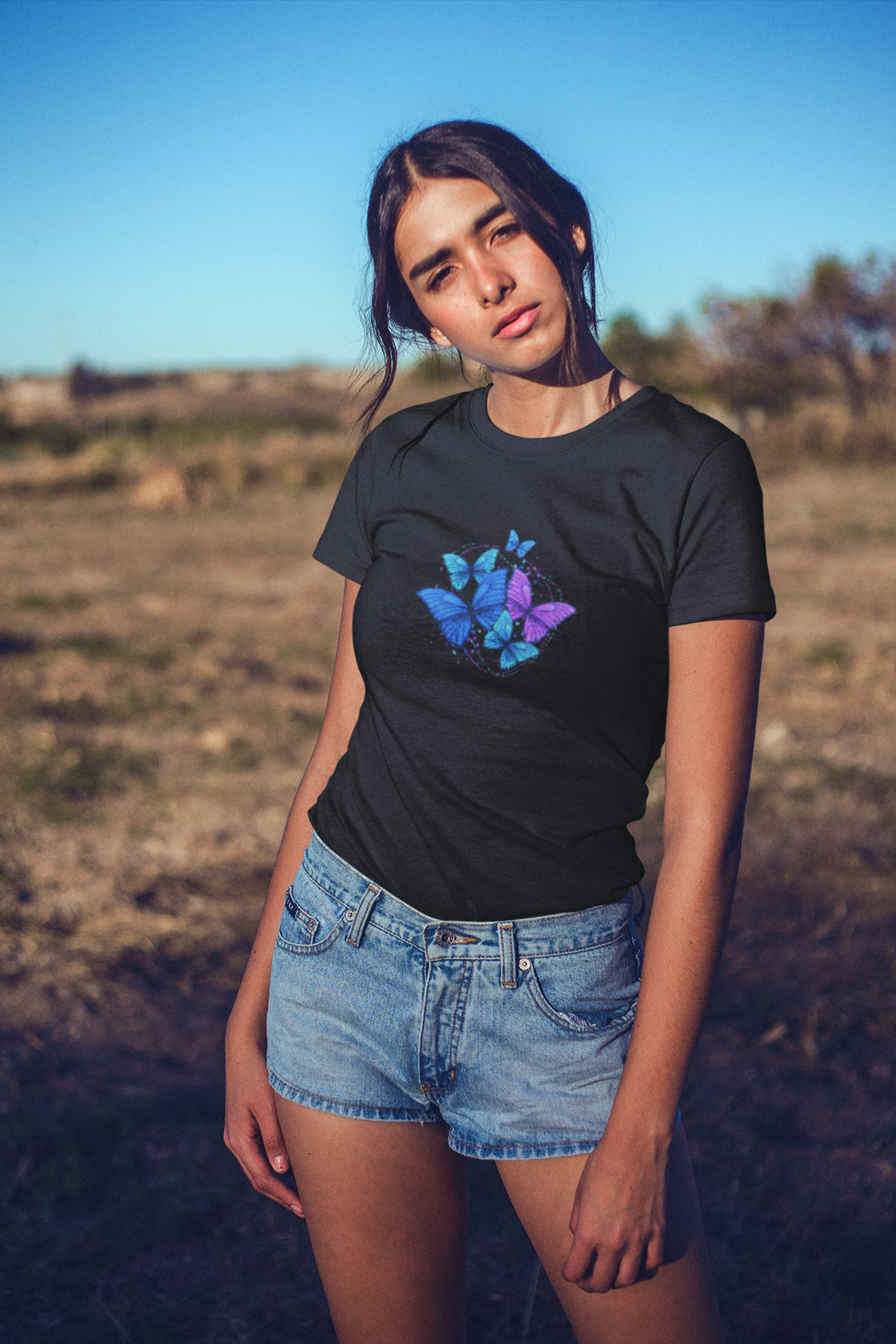 Purple Blue Modern Butterfly Printed T-Shirt For Women - WowWaves - 7