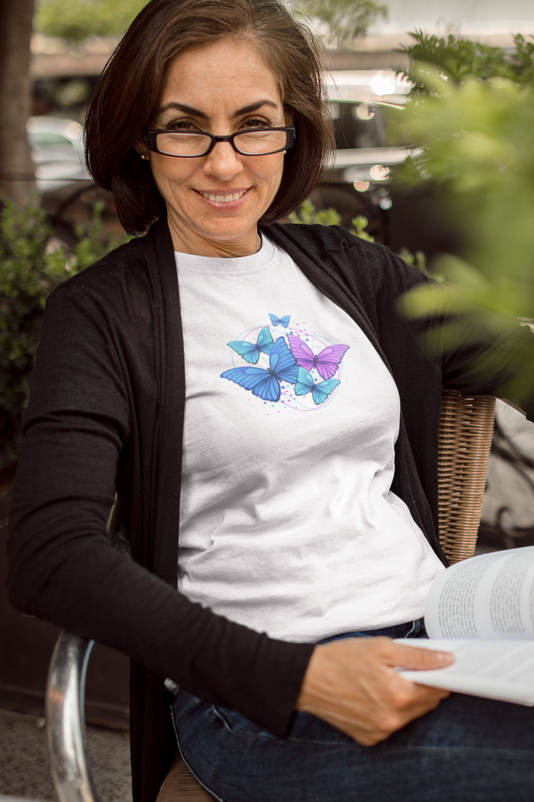 Purple Blue Modern Butterfly Printed T-Shirt For Women - WowWaves - 4